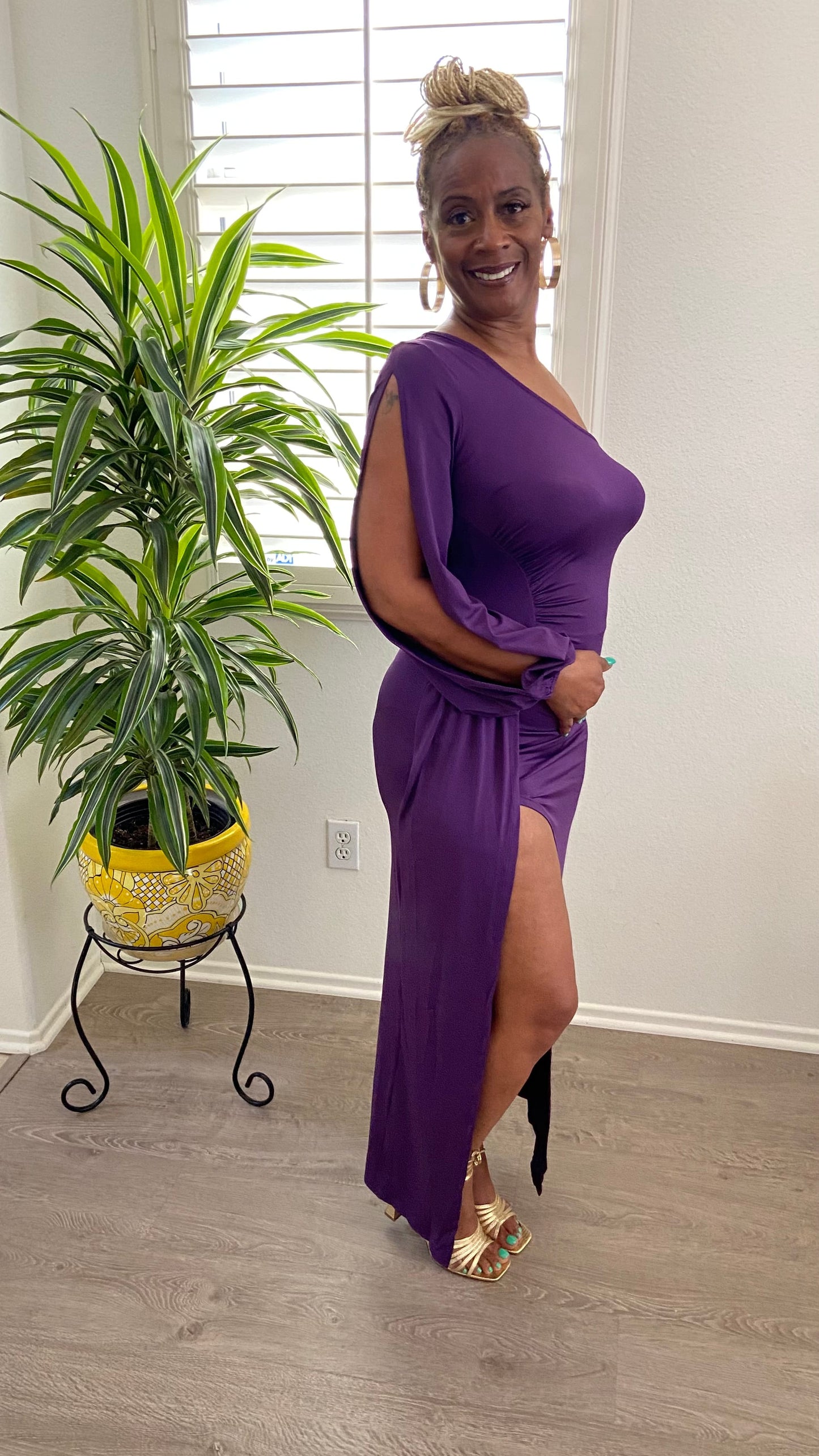 Purple One Shoulder Venetian Maxi Dress