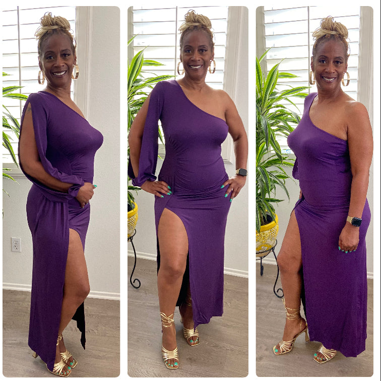 Purple One Shoulder Venetian Maxi Dress