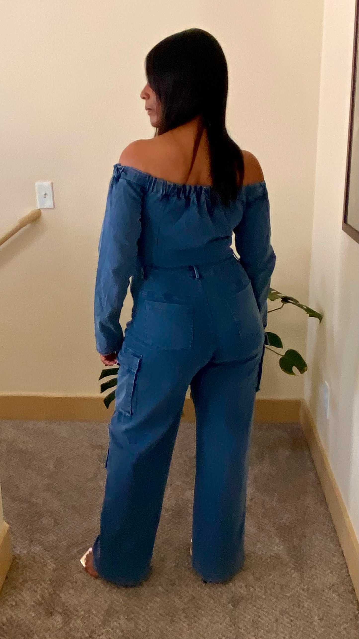 Off the Shoulder Denim Cargo Jumpsuit