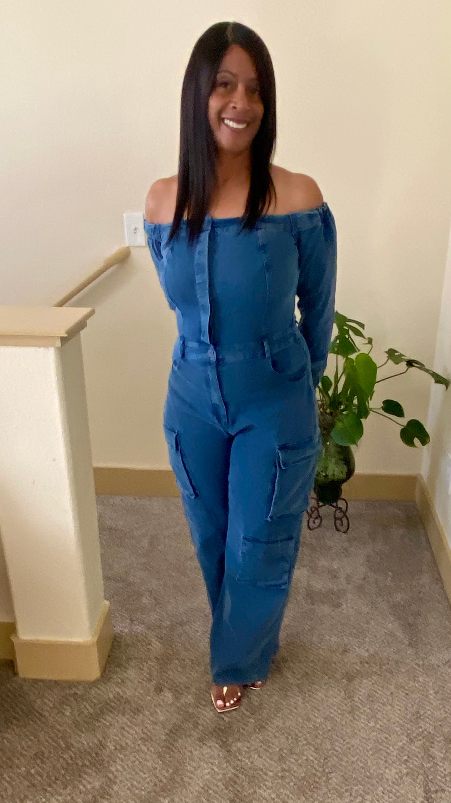 Off the Shoulder Denim Cargo Jumpsuit