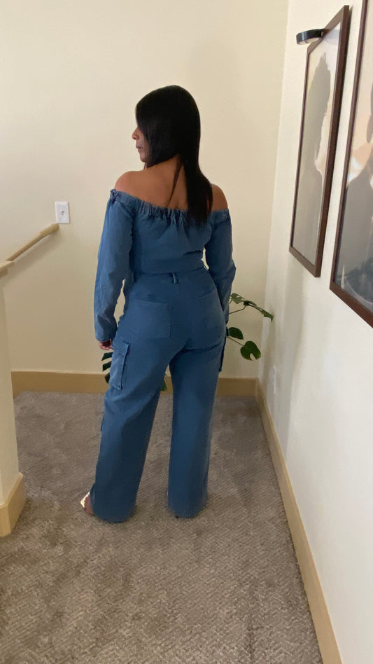 Off the Shoulder Denim Cargo Jumpsuit