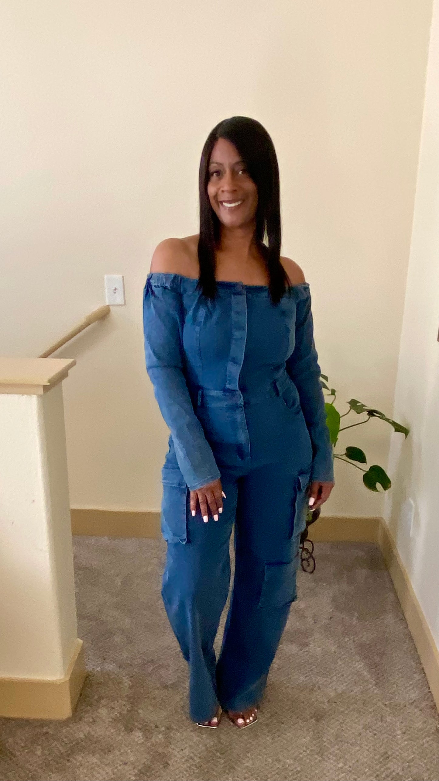 Off the Shoulder Denim Cargo Jumpsuit