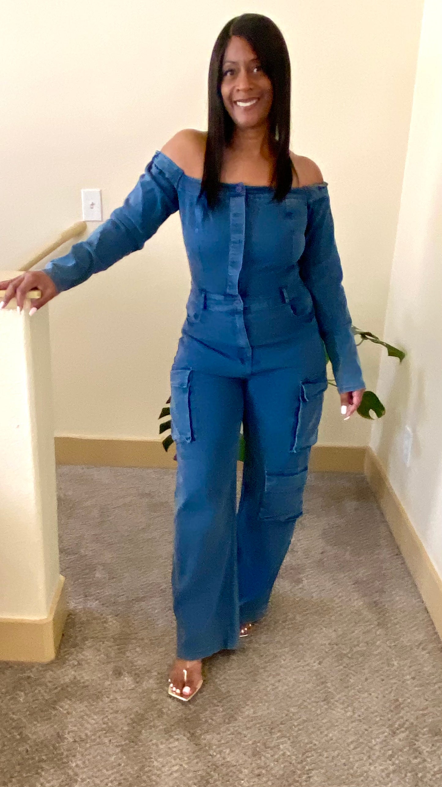 Off the Shoulder Denim Cargo Jumpsuit