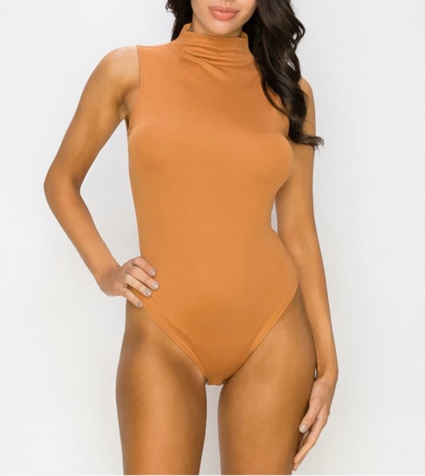 Super Soft Mock Neck Sleeveless Tank Bodysuit in Terracotta/Clay color